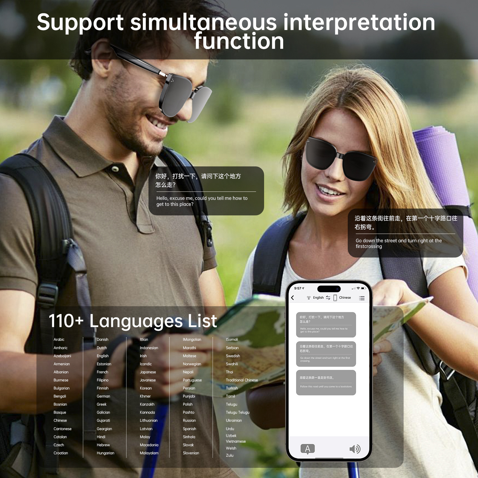 Bluetooth Audio Sunglasses – Open-Ear Music, Calls & App Translation