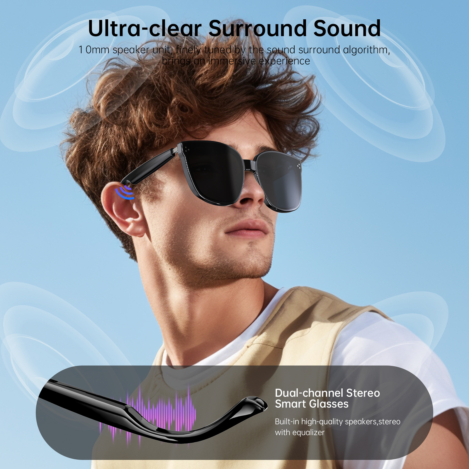 Bluetooth Audio Sunglasses – Open-Ear Music, Calls & App Translation